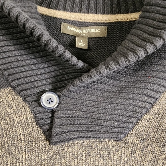 Banana Republic Shawl Collar Striped Knit Sweater Men's Size‎ L Navy Grey - Picture 3 of 8